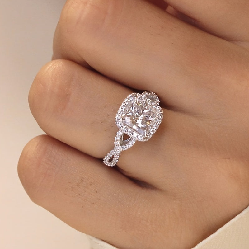 Elegant Silver-Plated Halo Promise Ring with Zirconia Stones