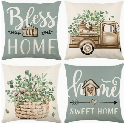 Set of 4 Linen Pillow Covers – 18x18" Farmhouse ‘Home Sweet Home’ Cushion Cases