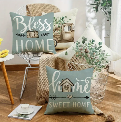 Set of 4 Linen Pillow Covers – 18x18" Farmhouse ‘Home Sweet Home’ Cushion Cases