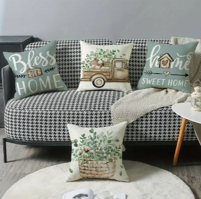 Set of 4 Linen Pillow Covers – 18x18" Farmhouse ‘Home Sweet Home’ Cushion Cases