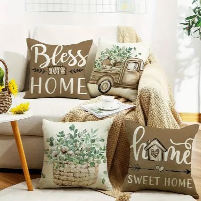 Set of 4 Linen Pillow Covers – 18x18" Farmhouse ‘Home Sweet Home’ Cushion Cases