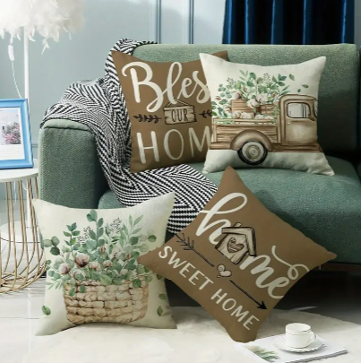 Set of 4 Linen Pillow Covers – 18x18" Farmhouse ‘Home Sweet Home’ Cushion Cases