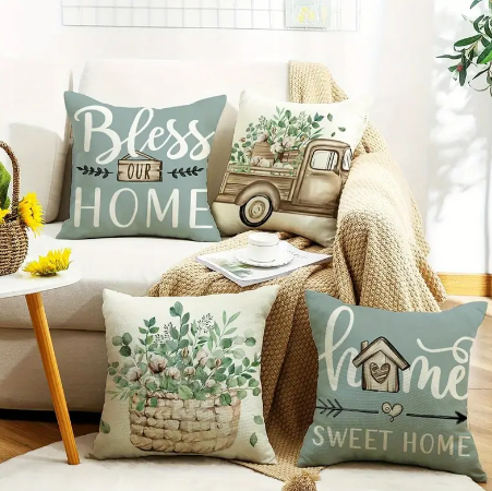 Set of 4 Linen Pillow Covers – 18x18" Farmhouse ‘Home Sweet Home’ Cushion Cases