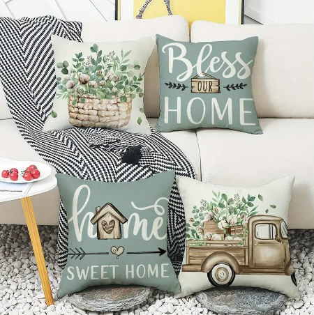 Set of 4 Linen Pillow Covers – 18x18" Farmhouse ‘Home Sweet Home’ Cushion Cases