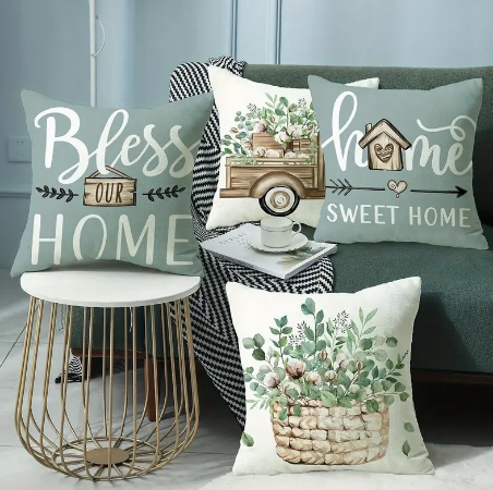 Set of 4 Linen Pillow Covers – 18x18" Farmhouse ‘Home Sweet Home’ Cushion Cases