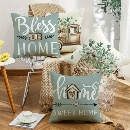 Set of 4 Linen Pillow Covers – 18x18" Farmhouse ‘Home Sweet Home’ Cushion Cases