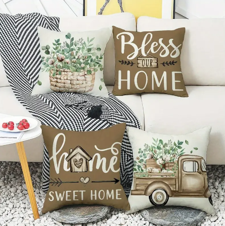 Set of 4 Linen Pillow Covers – 18x18" Farmhouse ‘Home Sweet Home’ Cushion Cases