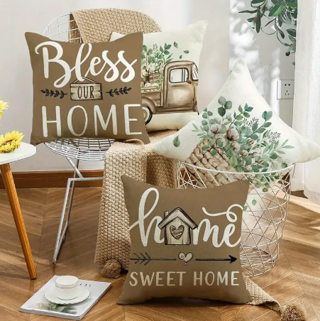 Set of 4 Linen Pillow Covers – 18x18" Farmhouse ‘Home Sweet Home’ Cushion Cases