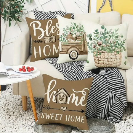 Set of 4 Linen Pillow Covers – 18x18" Farmhouse ‘Home Sweet Home’ Cushion Cases