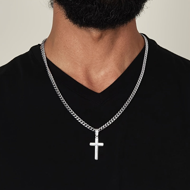 "To My Son" Cross Pendant Necklace - Stainless Steel Cuban Chain Jewelry - Includes Card and Gift Box Packaging