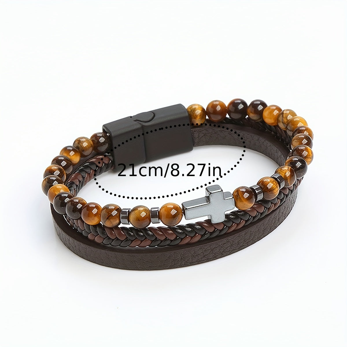 Men's Obsidian Volcanic Stone Multi-Layer Bracelet with Stainless Steel Cross, Natural Stone Layered Bracelet with Simple Design