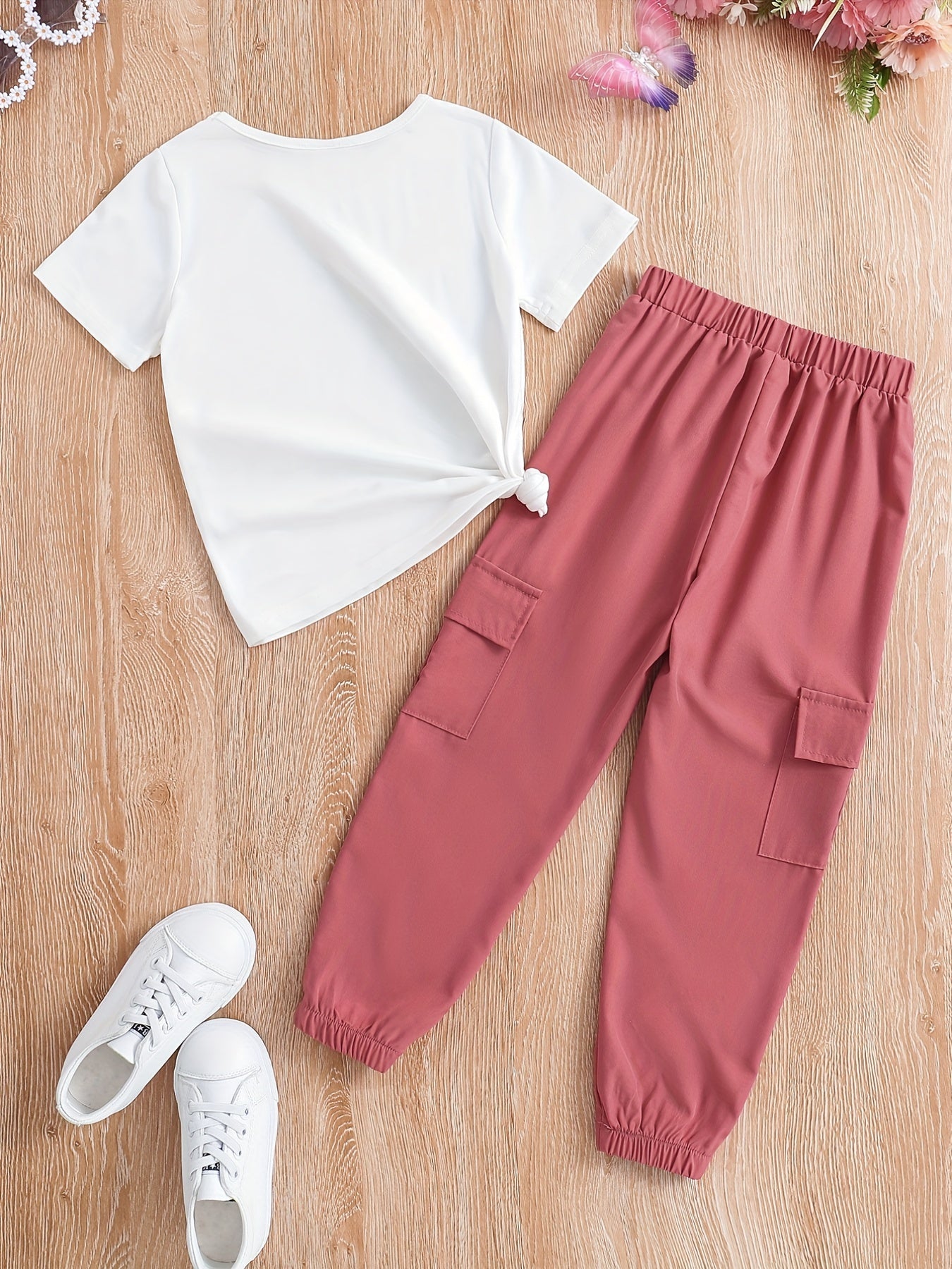 2pcs Toddler Girls Floral T-Shirt and Cargo Pants Set