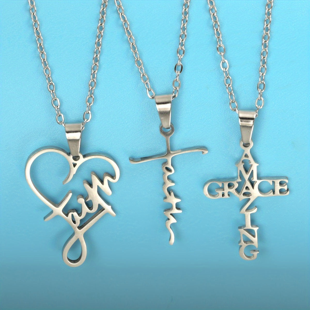 Set of 3 Faith Stainless Steel Pendant Necklaces