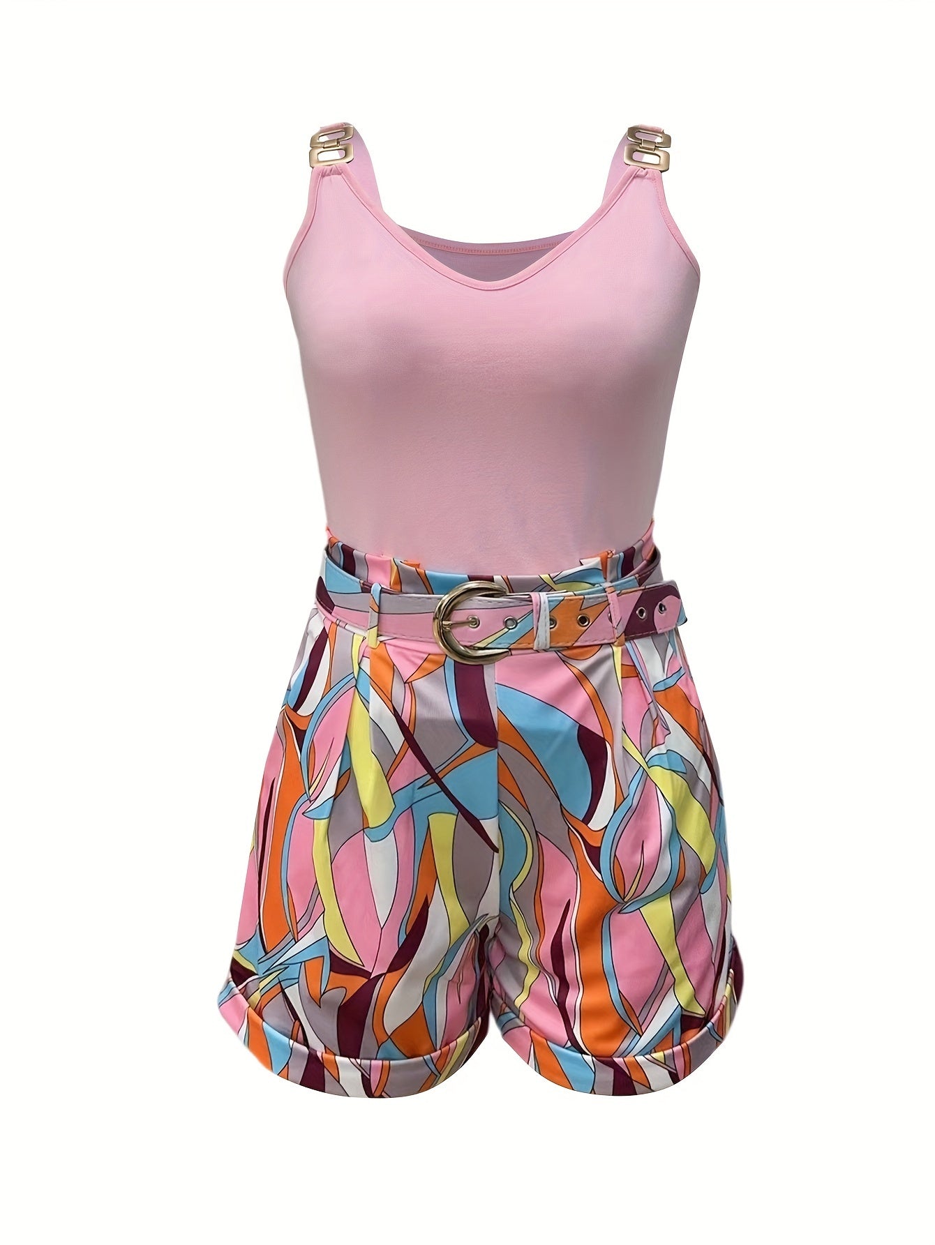 Elegant Shorts Suit Set for Women, featuring Chain Strap Backless Slim Tank Top and Belted High Waist Slant Pocket Shorts Outfit