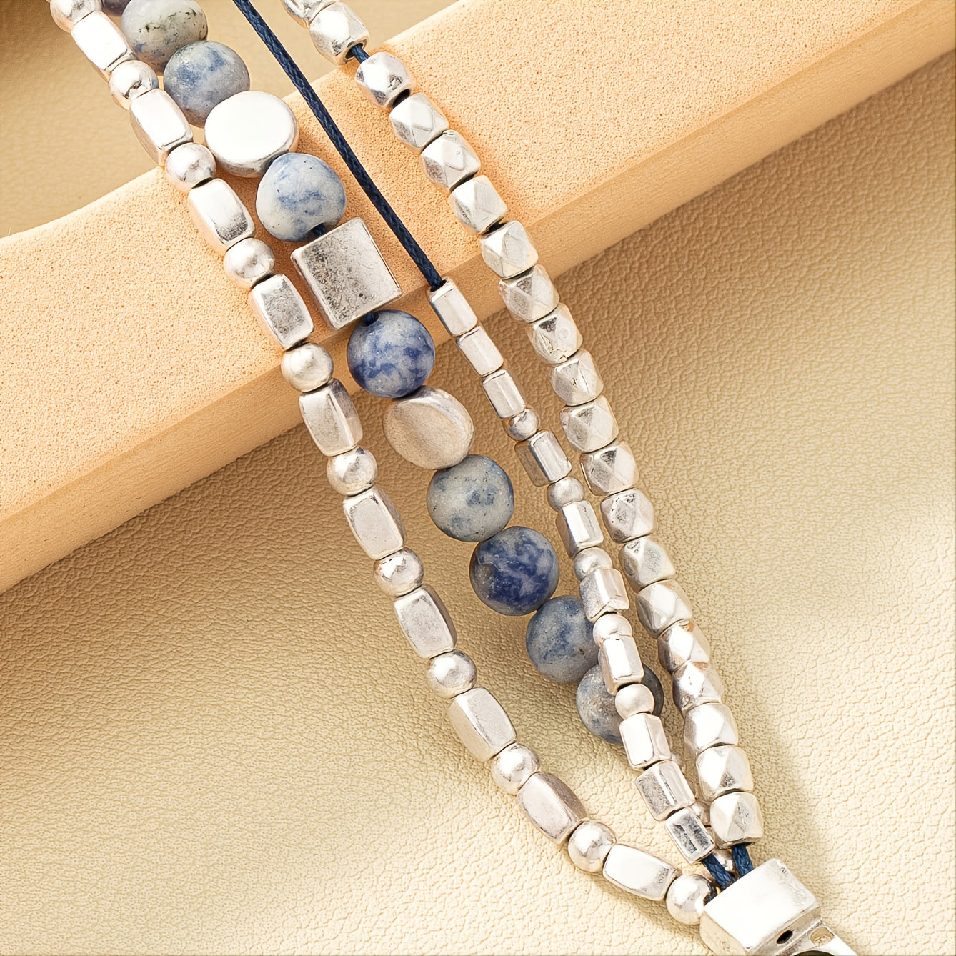 Elegant Silver Beaded Lapis Lazuli Magnetic Bracelet