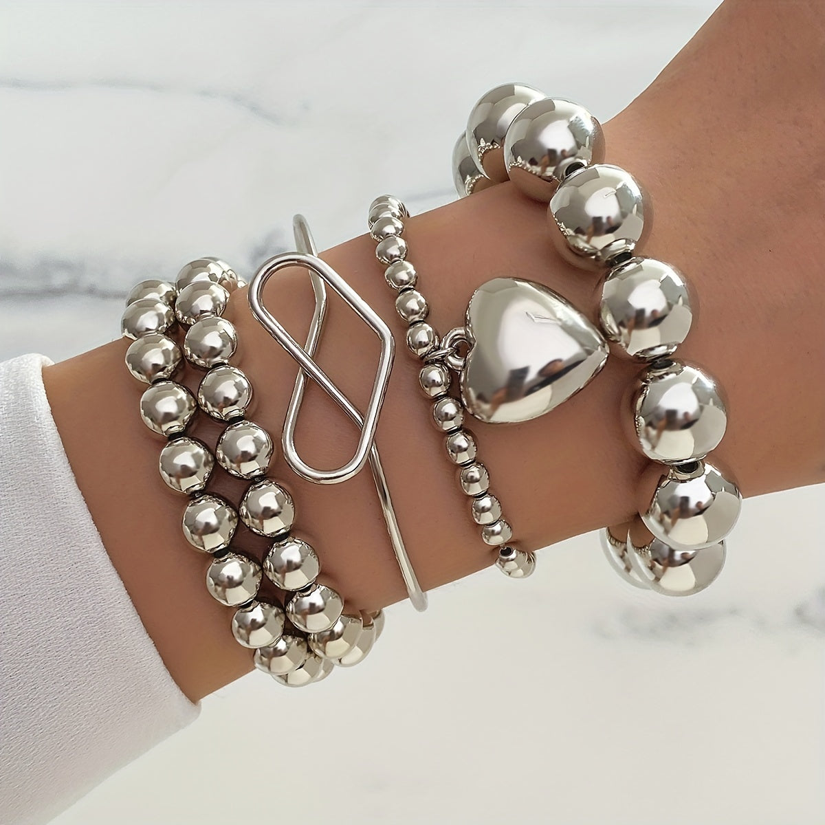 Exaggerated Hip Hop Style Heart Round Beads Bracelet Set with 5pcs