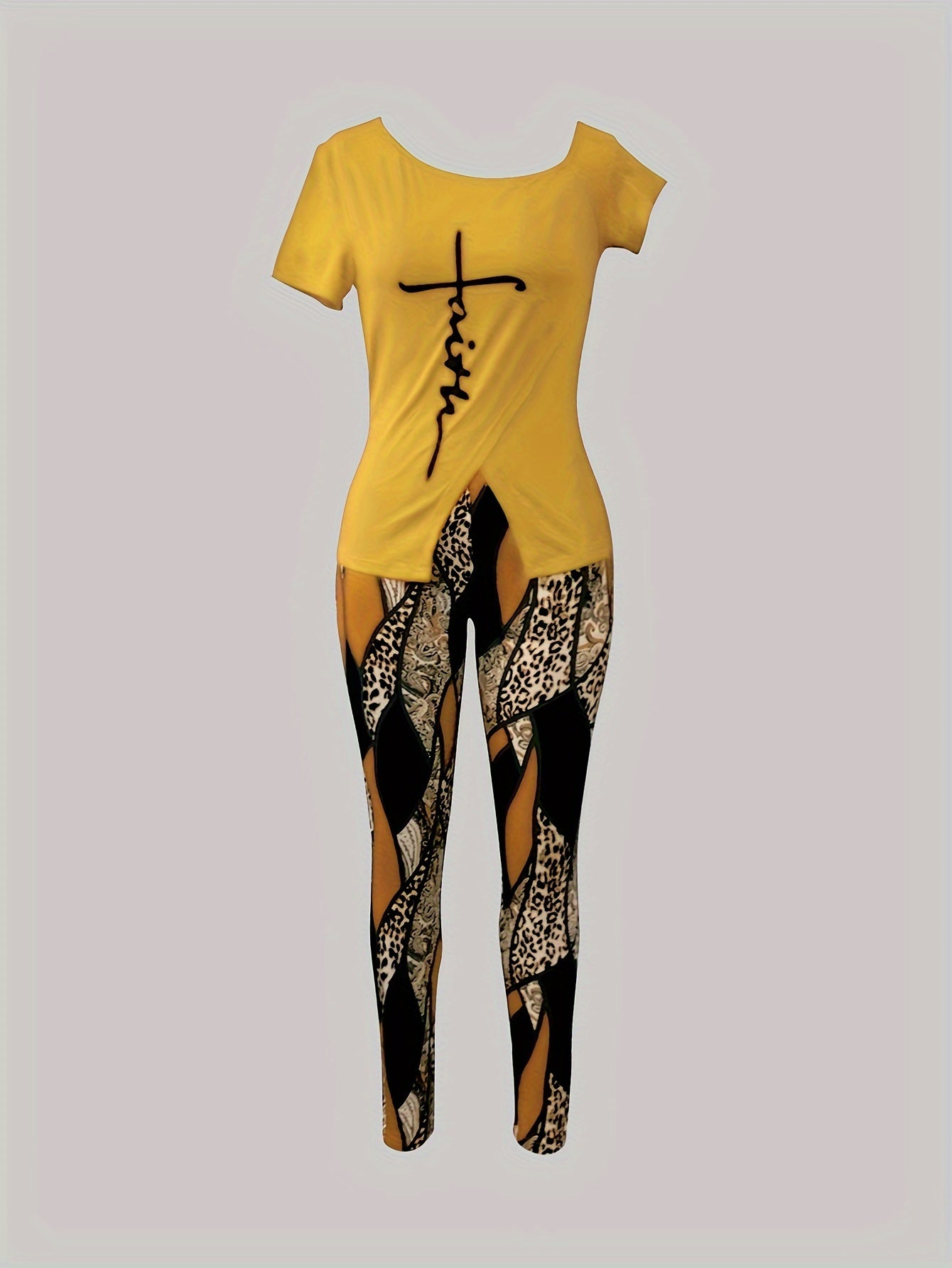 Women's Two-Piece Faith Print Split Shoulder Top and Slim Pants Set