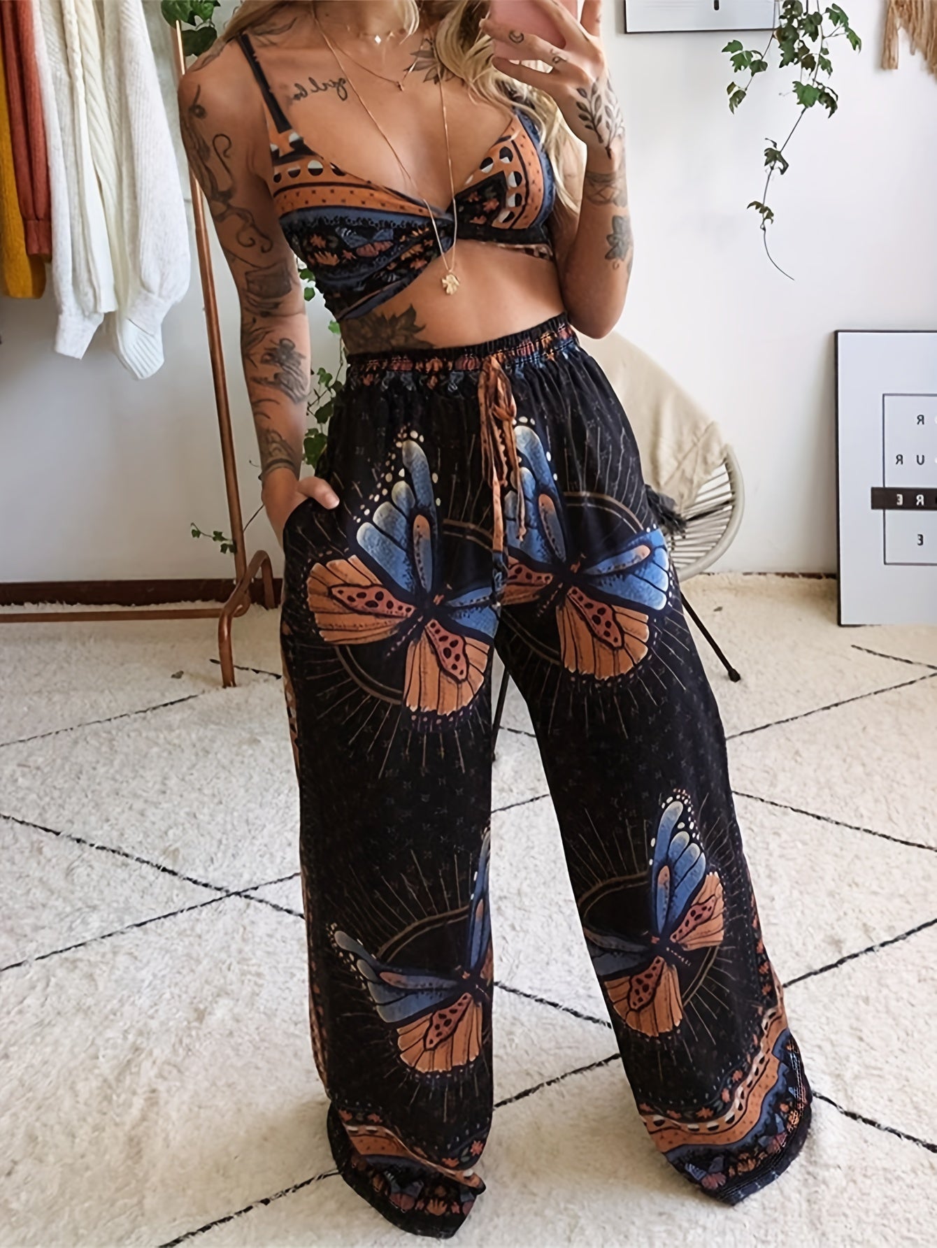 Boho Butterfly Print Crop Cami Top and Wide Leg Pants Set