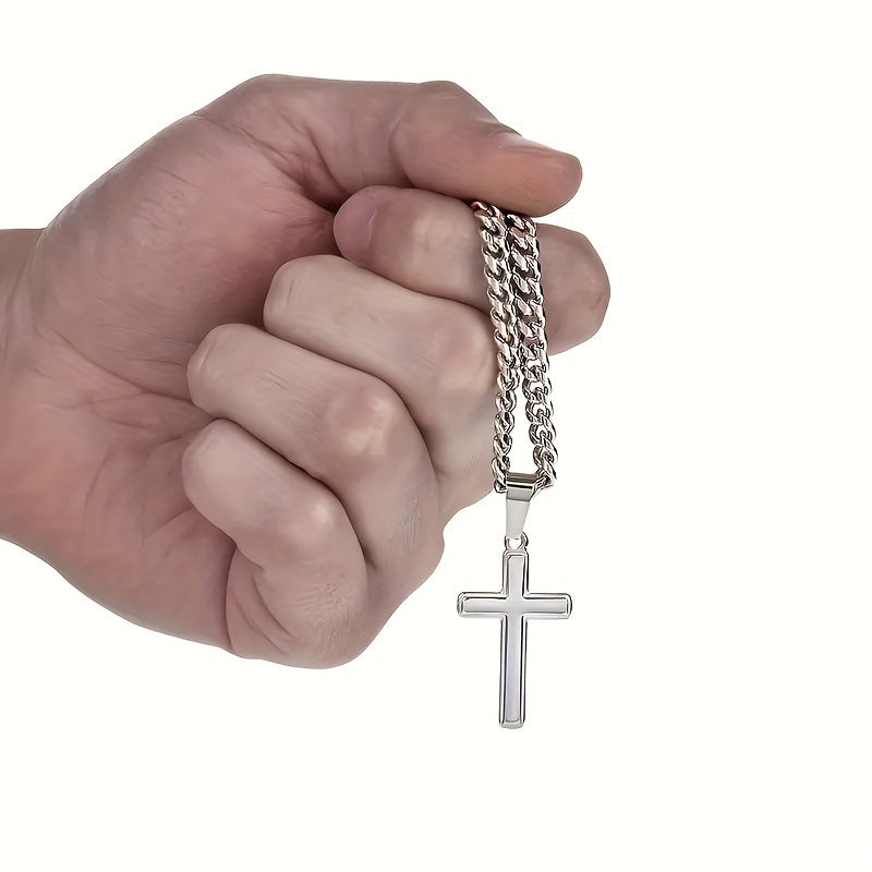 "To My Son" Cross Pendant Necklace - Stainless Steel Cuban Chain Jewelry - Includes Card and Gift Box Packaging