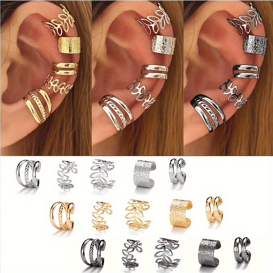 Hollow Leaf Design Clip On Earrings Set - 15 Pieces - Zinc Alloy Jewelry