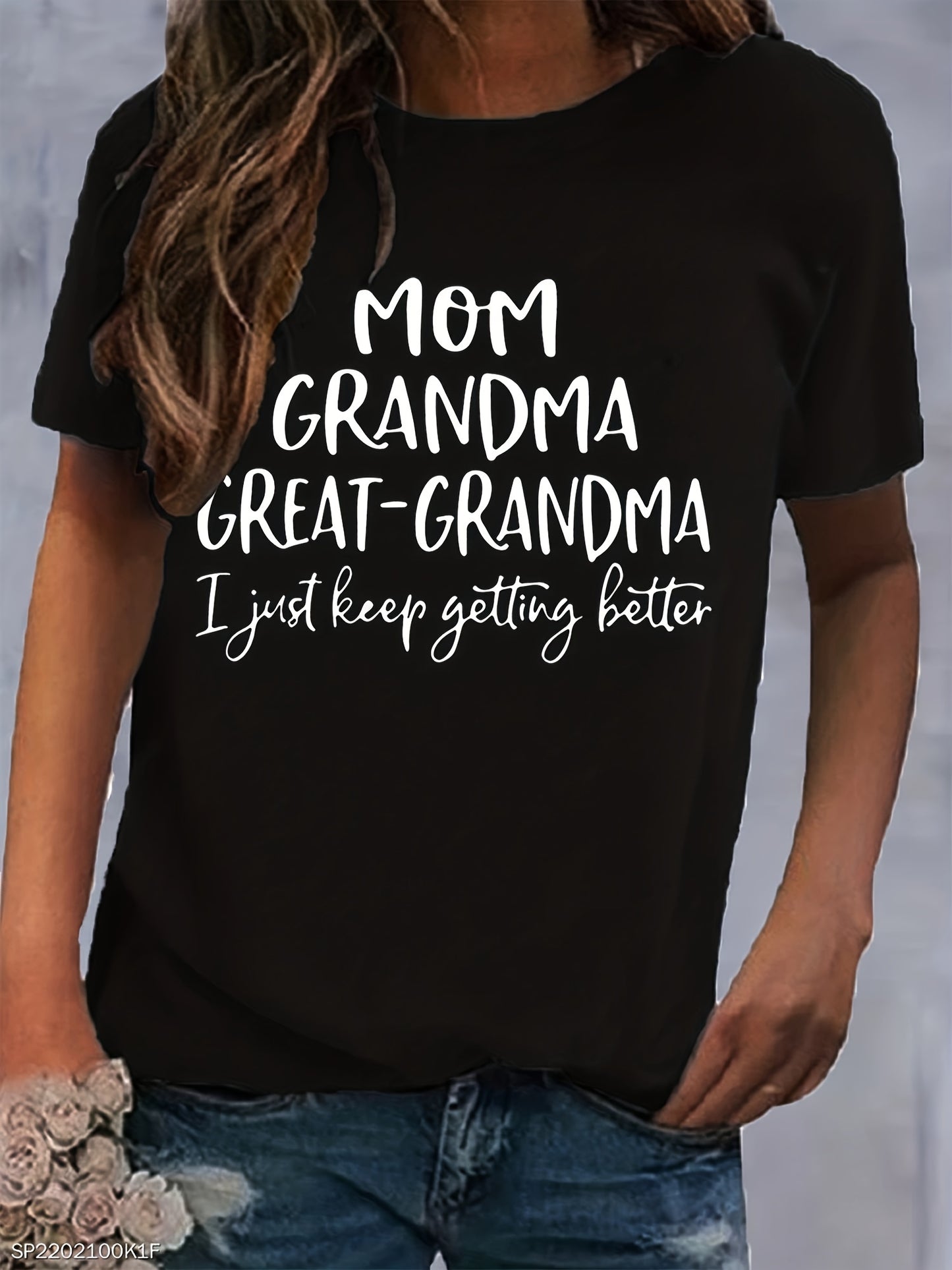 Mom & Grandma Letter Print T-Shirt - Stylish Women's Short Sleeve Crew Neck Top