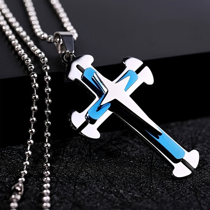 Men's Fashion Titanium Steel Cross Pendant Necklace with Multilayer Zircon - Domineering Style