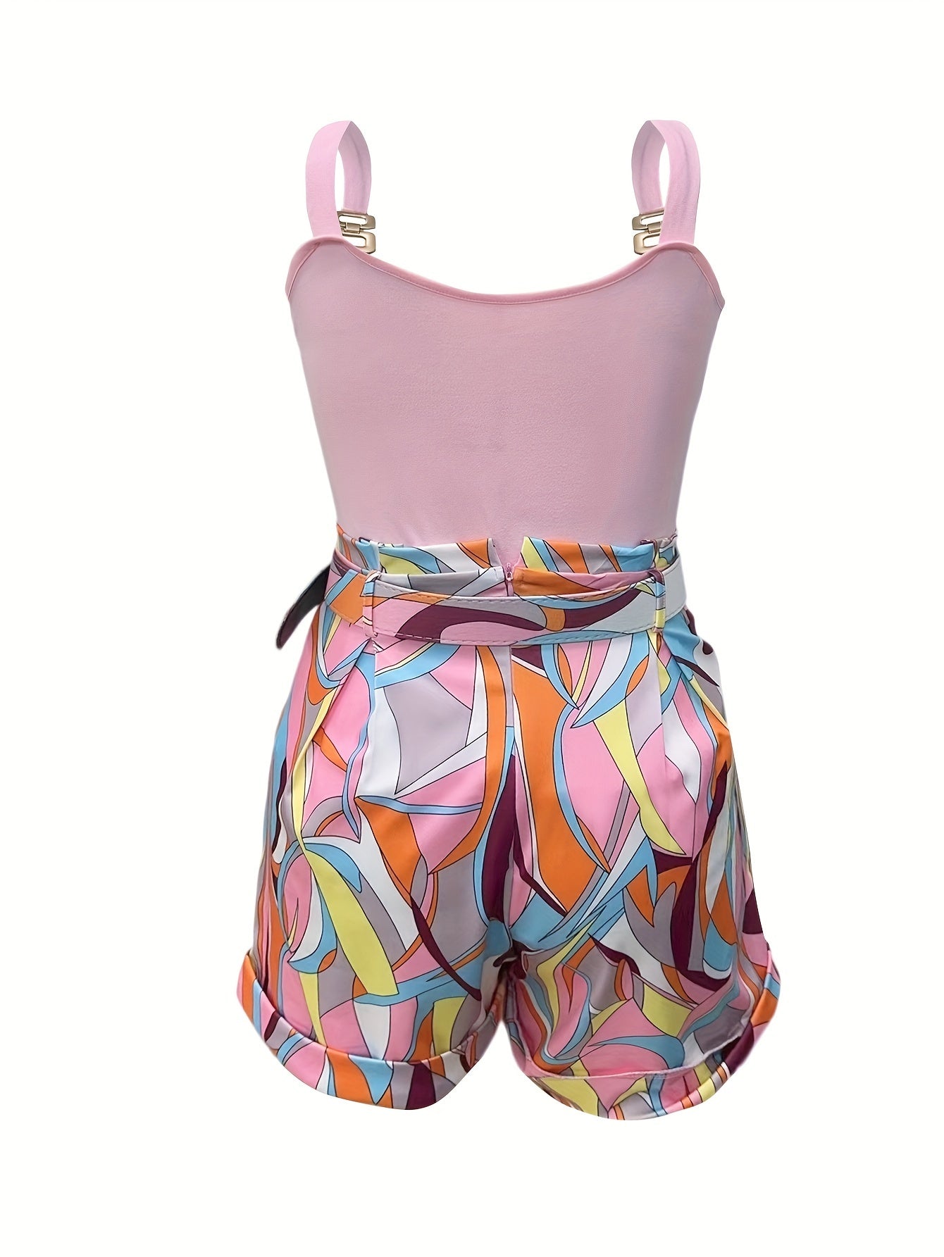 Elegant Shorts Suit Set for Women, featuring Chain Strap Backless Slim Tank Top and Belted High Waist Slant Pocket Shorts Outfit
