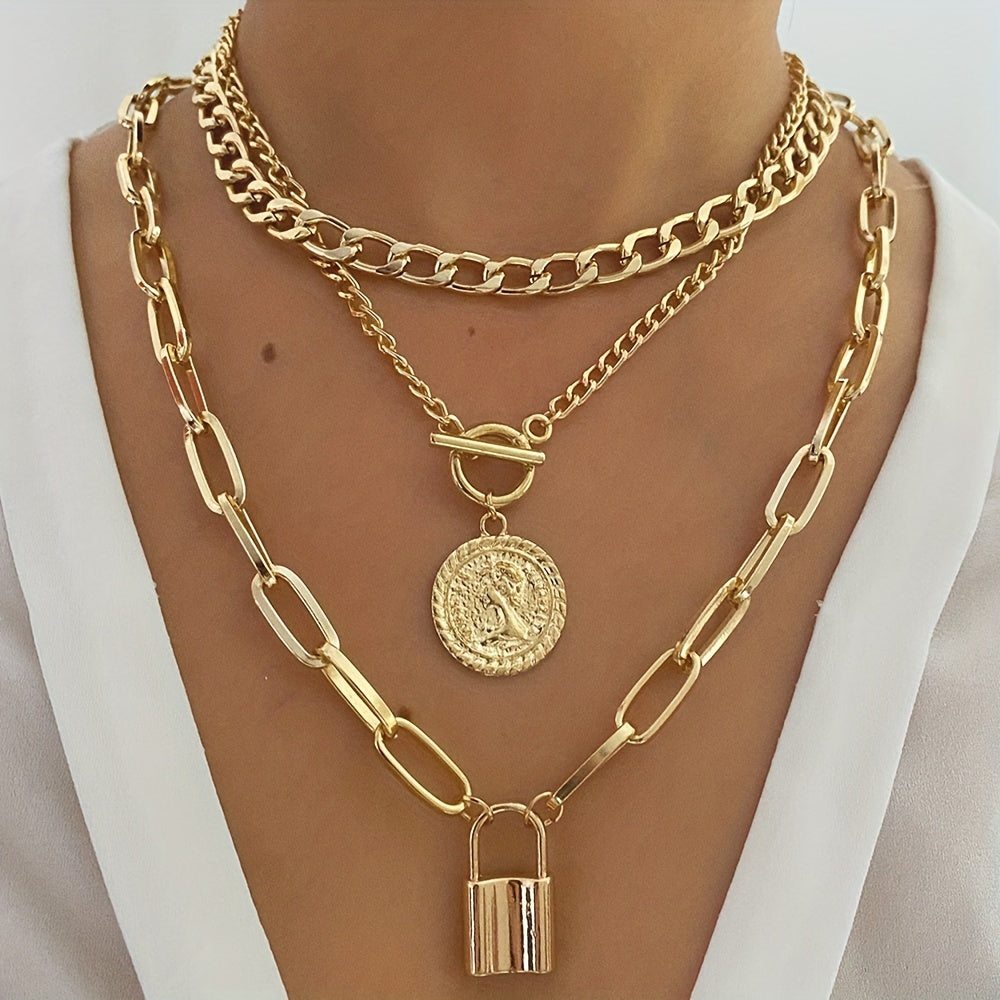 Multilayer Necklace with Cuban Chain, Paperclip Chain, Round Shape Portrait Pendant, and OT Buckle