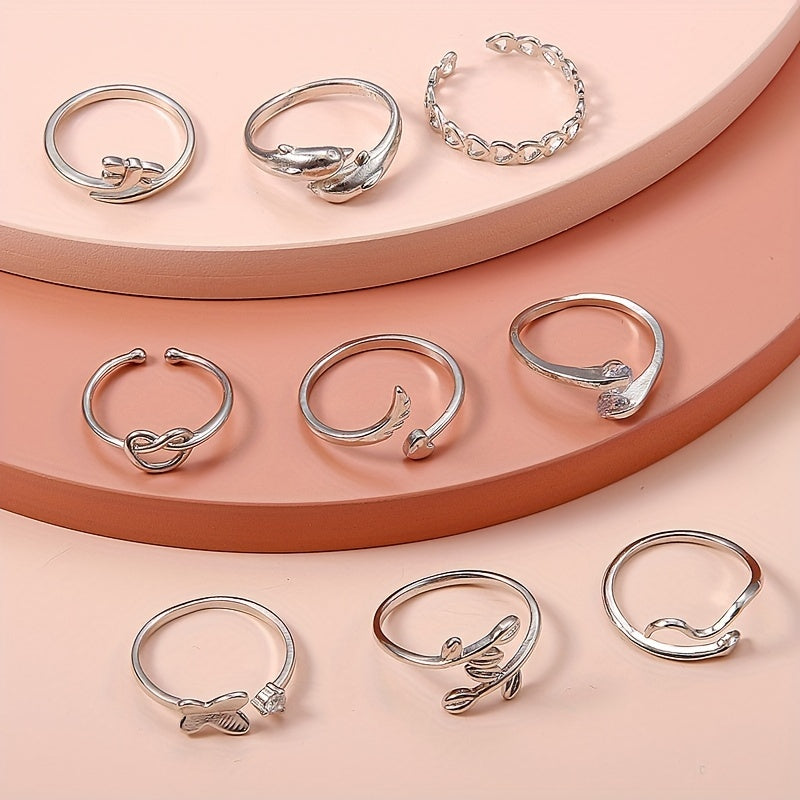 Set of 9 Adjustable Foot Rings in Snake, Butterfly, Dragonfly, Dolphin, Heart, Leaf, and More Shapes