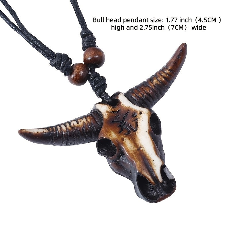 Stylish Hip Hop Ox Bull Head Pendant Necklace with Genuine Leather Rope for Men