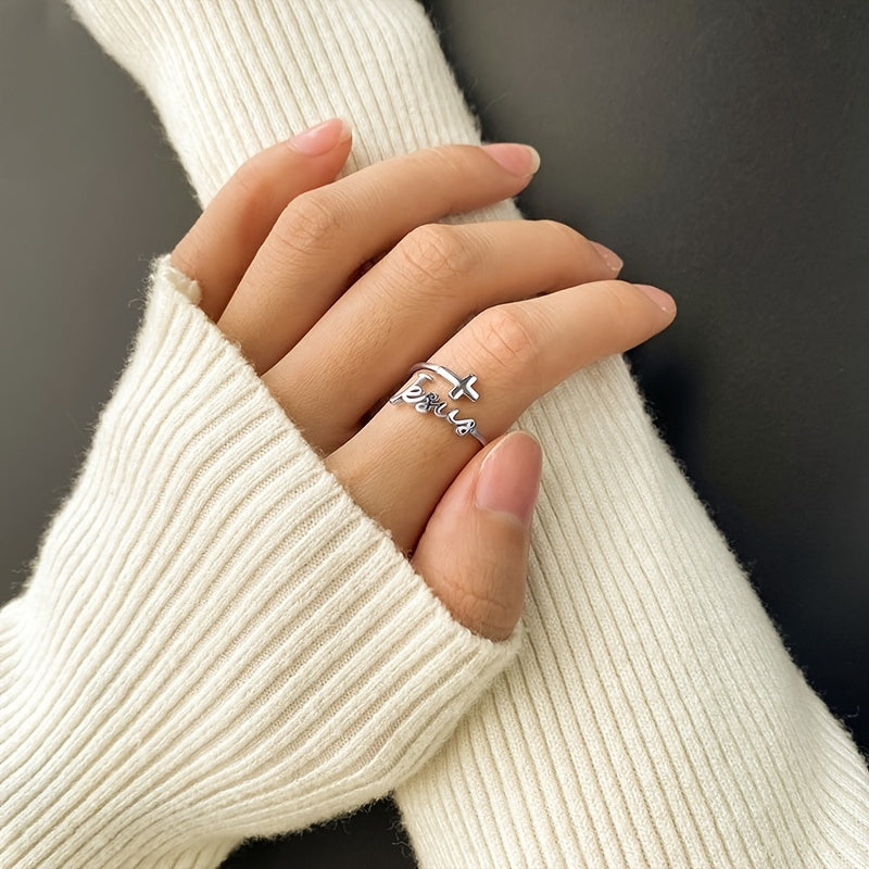 Trendy Cross 'Jesus' Design Adjustable Sterling Silver Ring
