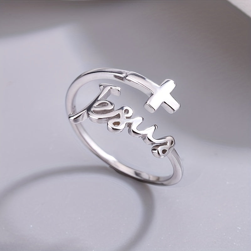 Trendy Cross 'Jesus' Design Adjustable Sterling Silver Ring