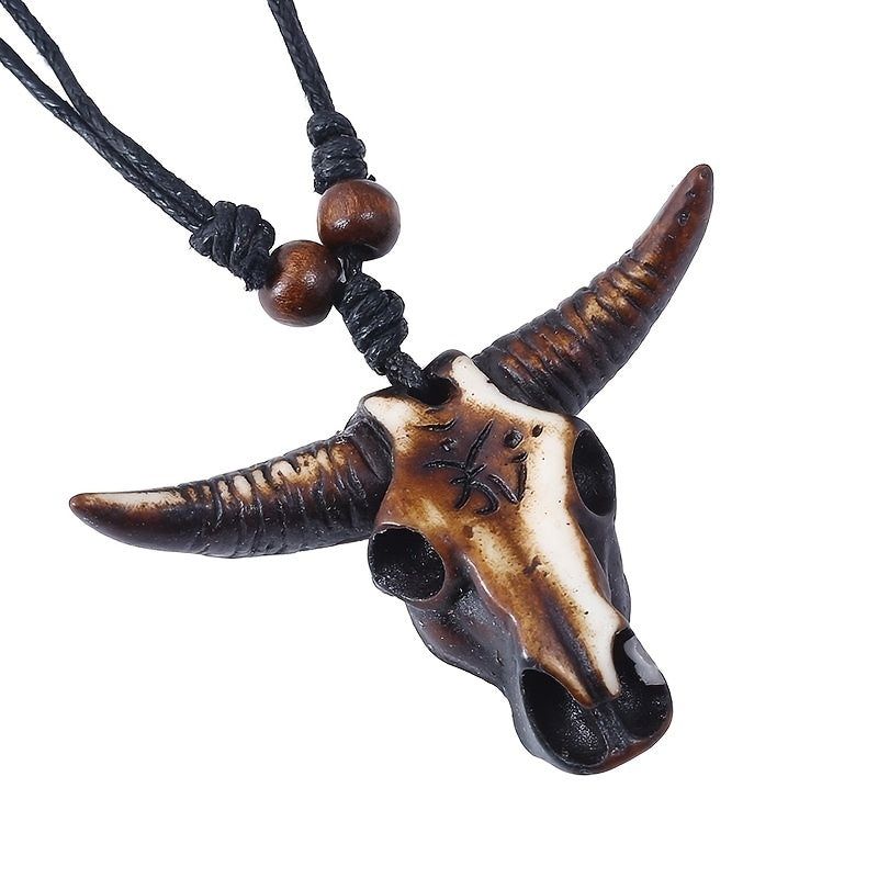 Stylish Hip Hop Ox Bull Head Pendant Necklace with Genuine Leather Rope for Men