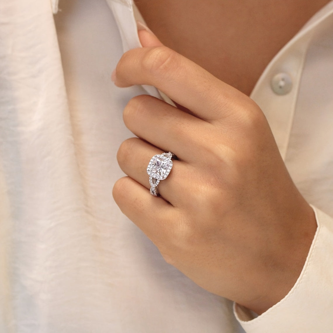 Elegant Silver-Plated Halo Promise Ring with Zirconia Stones