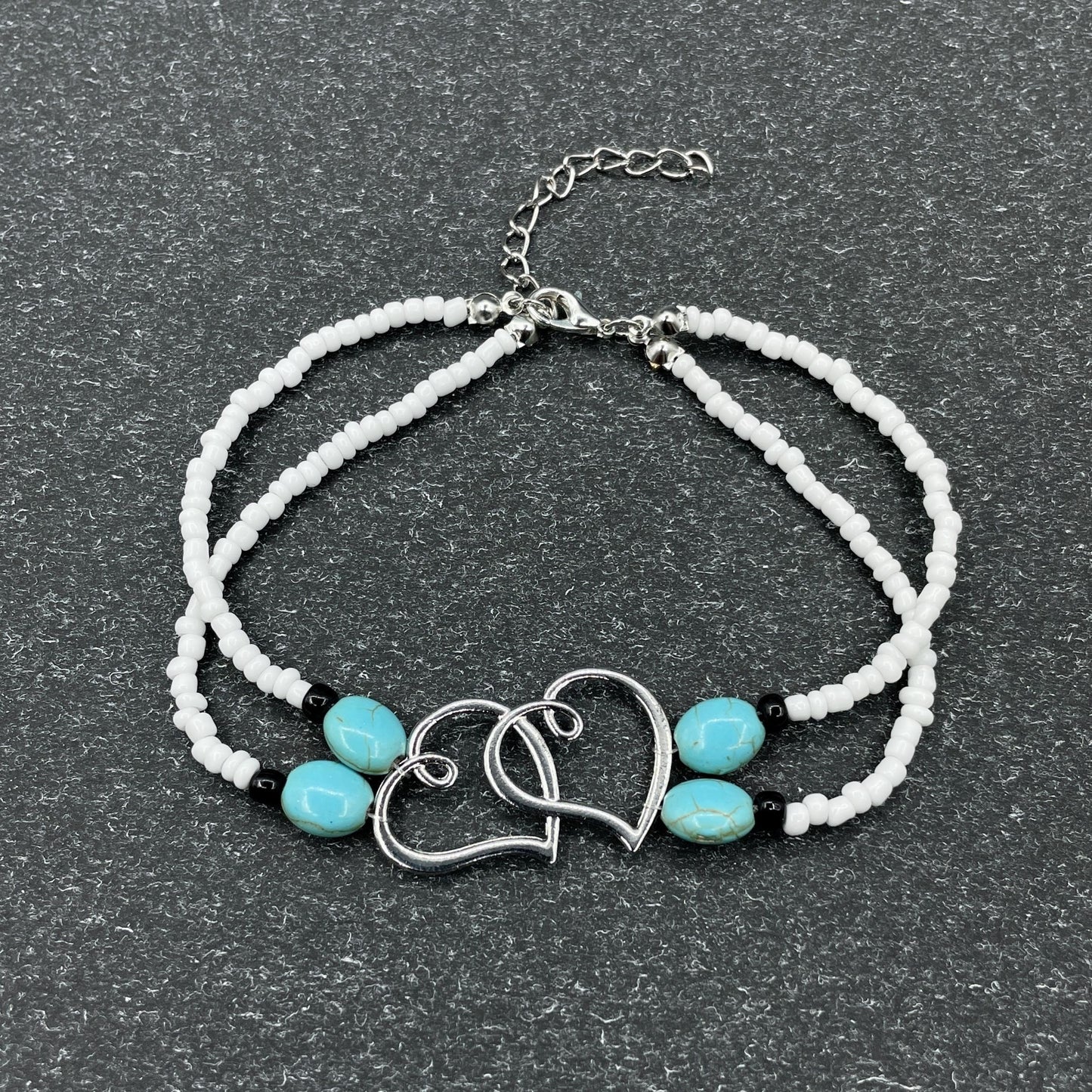 Bohemian Beach Beaded Anklet with Double Layer Heart Shaped Beads