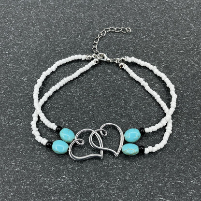 Bohemian Beach Beaded Anklet with Double Layer Heart Shaped Beads