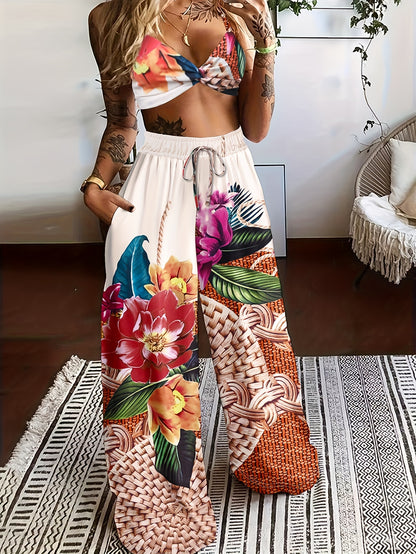 Boho Butterfly Print Crop Cami Top and Wide Leg Pants Set