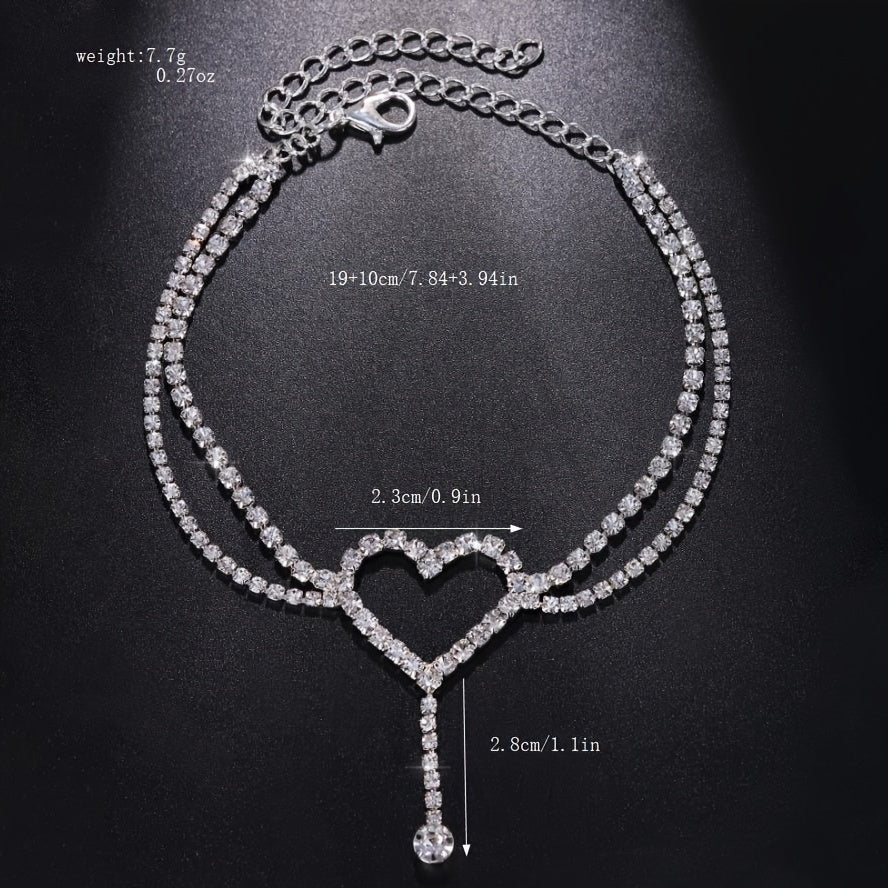 White Hollow Heart Rhinestone Anklet with Double Layer Chains - Elegant Foot Ornament