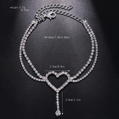 White Hollow Heart Rhinestone Anklet with Double Layer Chains - Elegant Foot Ornament