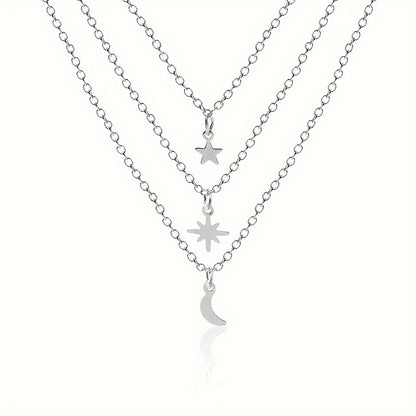 Multilayer Alloy Star Pendant Moon Stacking Necklace Silver Color Jewelry For Women