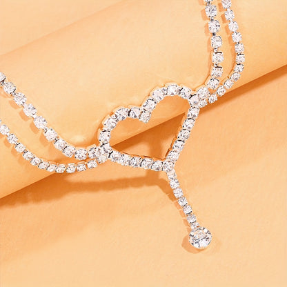 White Hollow Heart Rhinestone Anklet with Double Layer Chains - Elegant Foot Ornament