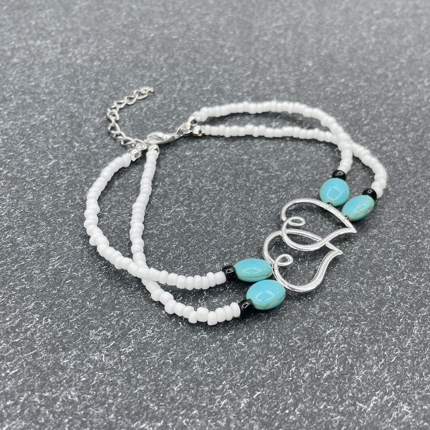 Bohemian Beach Beaded Anklet with Double Layer Heart Shaped Beads