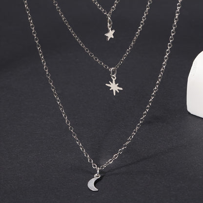 Multilayer Alloy Star Pendant Moon Stacking Necklace Silver Color Jewelry For Women