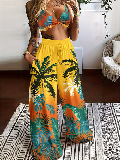 Boho Butterfly Print Crop Cami Top and Wide Leg Pants Set