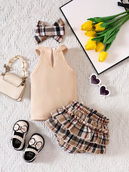 Baby Halter Top, Layered Plaid Skirt, and Headband Set