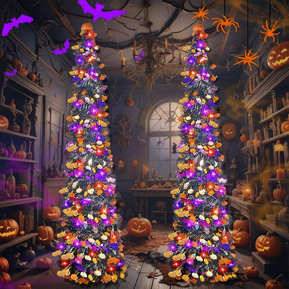 2-Pack 5FT Pumpkin Trees with 80 LED Lights – Pop-Up Halloween & Christmas Decor