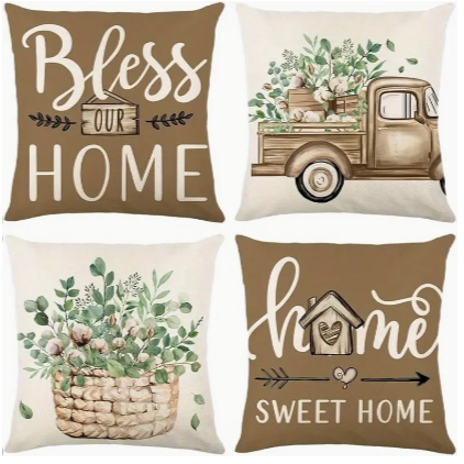 Set of 4 - 18x18" Farmhouse ‘Home Sweet Home’  Outdoor Pillow Decor Cushion Cases