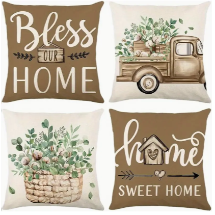 Set of 4 Linen Pillow Covers – 18x18" Farmhouse ‘Home Sweet Home’ Cushion Cases