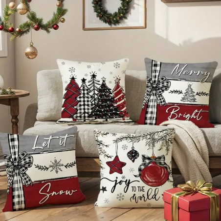 4pcs Red Christmas Bow Pillow Covers – 18x18" Farmhouse Holiday Decor Set Cushion Cases (No Inserts)