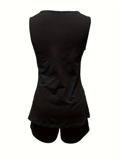 Women's Casual Solid Two-Piece Set - Crew Neck Tank Top and Pocket Shorts Outfit